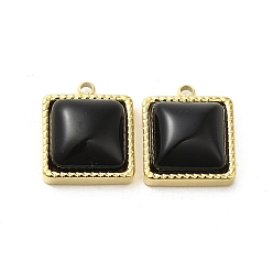 Black 304 Stainless Steel Charms, with Cat Eye, Saqure Charms, Real 14K Gold Plated, Black, 14.5x12x5.3mm, Hole: 1.4mm
