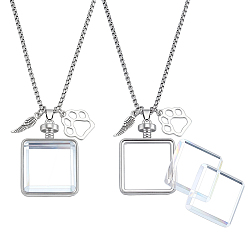 Stainless Steel Color 2Pcs Stainless Steel Chain Necklaces, with Alloy Locket Pendants and 4Pcs Glass Cabochons, Stainless Steel Color, 343mm