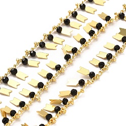 Black Glass Beaded Arrow Charm Chains, with Real 18K Gold Plated Brass Rope Chains, Soldered, with Spool, Black, 1.5mm