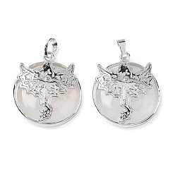 Хрусталь Плоские круглые подвески из натурального кварца, латунные подвески из горного хрусталя в виде дракона, платина, стойки покрытие, без кадмия и без свинца, 31.5x27x7.5~8.5 мм, отверстие : 8x5 мм