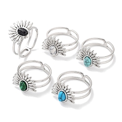 Смешанные камни Ионное покрытие (ip) 304 кольцо из нержавеющей стали, кольца из синтетического смешанного камня, цветок, 15.5x12.5 мм, внутренний диаметр: регулируемый
