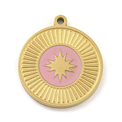 Pink 316 хирургические эмалевые подвески из нержавеющей стали, плоский круглый с шармом в виде звезды, золотые, розовые, 17x15x1.8 мм, отверстие : 1.2 мм