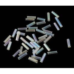 White Transparent Colours Rainbow Glass Bugle Beads, AB Color, White, 6x1.8mm, Hole: 0.6mm