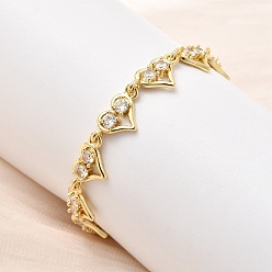 Настоящее золото 18K Браслеты-цепочки из латуни с микропаве из кубических цирконий в форме сердца, стойки покрытие, долговечный, без кадмия и без свинца, реальный 18 k позолоченный, 5-7/8 дюйм (15 см)