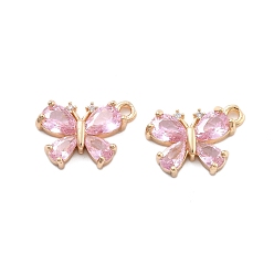 Бледно-Розовый Латунные подвески, бабочки подвески, реальный 18 k позолоченный, со стеклом, розовый жемчуг, 10x14.5x3 мм, отверстие : 1.4 мм