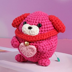 Cerise DIY 3D Dog Knitting Kits for Beginners, including Stuffing Cotton, Crochet Hook, Stitch Marker, Craft Eye & Nose, Cored Cotton Thread, Plastic Needle, Hot Melt Glue Stick, Instruction, Cerise, 12x11x9cm