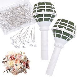 Green 2Pcs Plastic Bridal Bouquet Holder, Flower Handle for Wedding Bouquet Decoration, with 100Pcs Plastic Diamond Head Straight Pins, Green, 177x82.5mm
