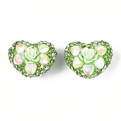 Зеленый лайм Полимерная глина в форме сердца, украшенная стразами, с цветком из смолы и стеклом, фокусные бусины для ручек с бусинами изготовление бижутерии брелок, зеленый лайм, 18~20.5x24.5~25.5x15.5~18 мм, отверстие : 1.8 мм
