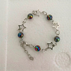 Разноцветный Браслеты из пластиковых круглых бусин в стиле панк, браслеты из сплава со звездообразными звеньями для женщин, платина, красочный, 6-1/4 дюйм (16 см)