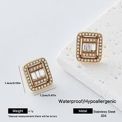 Rectangle 304 Stainless Steel Rhinestone Stud Earrings for Women, with Glass, Golden, Rectangle, 14x12mm