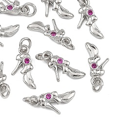 Real Platinum Plated SHEGRACE Brass & Cubic Zirconia Charms, High-Heeled Shoes Charms, Cadmium Free & Lead Free & Nickel Free, Deep Pink, Real Platinum Plated, 6.5x11x2mm, Hole: 2.5mm