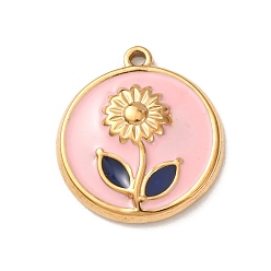 Pink 304 acier inoxydable émail pendentifs, breloques plates et rondes avec motifs floraux, or, rose, 18x16x3mm, Trou: 1.2mm