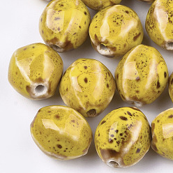 Золотистый Фарфоровые бусины ручной работы, фантазии античного стекла фарфора, овальные, золотые, 15.5~16x14.5~15x13~13.5 мм, отверстие : 2 мм