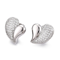 Platinum Left and Right Heart Brass Pave Clear Cubic Zirconia Stud Earrings, Platinum, 18x17.5mm