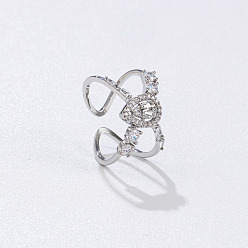 Silver Brass Micro Pave Cubic Zirconia Cuff Open Rings for Women, Teardrop, Silver, 18mm