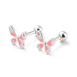 Pink Бабочка 925 серьги-гвоздики из стерлингового серебра для девочек и женщин, хрящевые серьги, изящные минималистичные серьги-гвоздики из эмали с круглой гайкой, серебряные, розовые, 6x7 мм, штифты : 1 мм