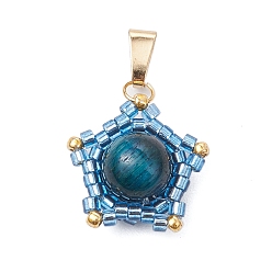 Небесно-голубой Подвески в виде звезд из натурального тигрового глаза (окрашенного и нагретого) и стеклянных бусин ручной работы, с 304 защелкой из нержавеющей стали на поручнях, золотые, голубой, 18x17x8 мм, отверстие : 6x2.8 мм