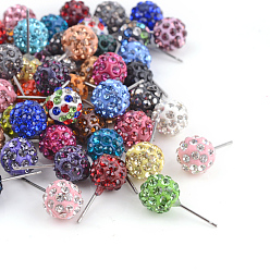 Mixed Color Ball Stud Earrings, Six Rows Handmade Polymer Clay Rhinestone Earrings, with Iron Pins, Mixed Color, 9~10mm, Pin:1mm