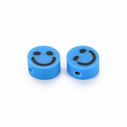 Mixed Color Handmade Polymer Clay Beads, Flat Round with Smiling Face, Mixed Color, 8~9x4mm, Hole: 1.5mm
