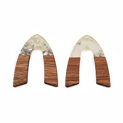 Silver Transparent Resin & Walnut Wood Pendants, with Foil, V Shape Charm, Silver, 38x29x3mm, Hole: 2mm