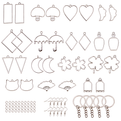 Platinum DIY Making, with Rack Plating Alloy Open Back Bezel Pendants, Brass Earring Hooks and Iron Jump Rings/Keychain Ring, Platinum, 34x30.2x3.7mm, Hole: 3mm