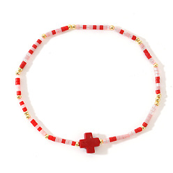 Красный Браслеты из стеклянных бусин в стиле бохо, крестик из натуральных ракушек для женщин, красные, внутренний диаметр: 6-1/2 дюйм (16.5 см)
