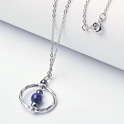 Lapis Lazuli Natural Lapis Lazuli Beads Pendant Necklaces, with Non-Magnetic Synthetic Hematite Beads and Brass Chain, 18.3 inch(46.5cm)