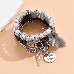 Светло-серый Набор тянущихся браслетов в стиле бохо с натуральными бусинами «луна и звезда» синъюэ бодхи, сплав плоские круглые и кисточки подвески ювелирные изделия для женщин, светло-серый, 2-3/8 дюйм (6 см)