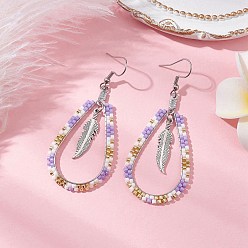 Сливовый 304 серьги-гвоздики из нержавеющей стали и стеклянных бусин для женщин, с 304 нержавеющей стали серьги крючки, слеза с пером, платина, слива, 68x29 мм