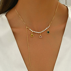 Квадрат Регулируемый слайдер элегантные латунные цветные кубические циркониевые подвески ожерелья для женщин, золотые, квадратный, 20.47 дюйм (52 см)