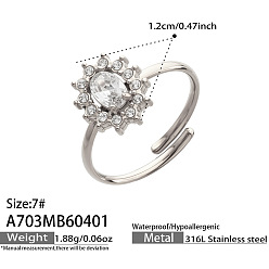 Stainless Steel Color 316L Stainless Steel Micro Pave Cubic Zirconia Cuff Open Rings for Women, Flower, with Glass, Stainless Steel Color, US Size 7(17.3mm)