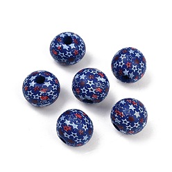 Синий Тема Дня независимости деревянные европейские бусы, печатные бусины с большими отверстиями, круглые, синие, 15.5~6 мм, отверстие : 4 мм