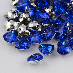 Blue 1-Hole Taiwan Acrylic Rhinestone Heart Buttons, Faceted & Silver Plated Pointed Back, Blue, 30x30x12mm, Hole: 2mm