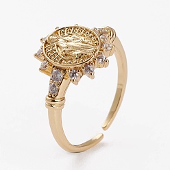 Золотой Латунные кольца из манжеты с прозрачным цирконием, открытые кольца, долговечный, овальные с рисунками " virgin mary", золотые, размер США 6 (16.5 мм)