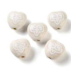 Белый Печатные ручной фарфоровые бусы, сердце с символами, белые, 16~16.5x16.5~17.5x9~9.5 мм, отверстие : 1.8~2 мм