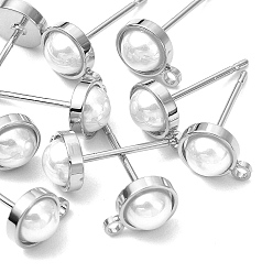 Real Platinum Plated SHEGRACE Brass ABS Imitation Pearl Half Round Stud Earring Findings, Cadmium Free & Nickel Free & Lead Free, with Loop, Real Platinum Plated, 8x6mm, Hole: 1.2mm