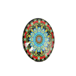 Colorful Geometric Flower Photo Glass Oval Cabochons, Colorful, 25x18x6mm