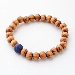 Lapis Lazuli Wood Bead Stretch Bracelets, with Lapis Lazuli(Dyed & Heated) Round Beads, 56mm