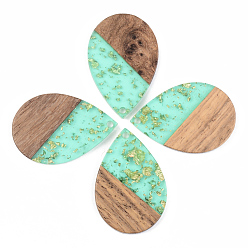 Pale Turquoise Transparent Resin & Walnut Wood Pendants, with Gold Foil, Teardrop, Pale Turquoise, 35.5x24.5x3mm, Hole: 2mm