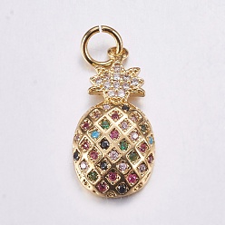 Real 18K Gold Plated Brass Micro Pave Cubic Zirconia Pendants, Long-Lasting Plated, Real 18K Gold Plated, Pineapple, 19.5x10x3mm, Hole: 3mm