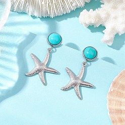 Морская звезда 304 из нержавеющей стали болтаться серьги, с синтетической бирюзой и 304 серьгами-гвоздиками из нержавеющей стали, платина, морская звезда, 34.5x20.5 мм