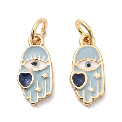 Настоящее золото 18K Латунь эмаль подвески, Хамса рука с подвесками в виде сердечек, с целью перехода в кольце, реальный 18 k позолоченный, 13x6.5x2 мм, отверстие : 3.5 мм