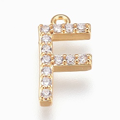 Letter F Подвески из латунной буквы, с кубического циркония, без свинца, без кадмии и без никеля, долговечный, золотые, буква f, 15x7x2 мм, отверстие : 1.2 мм