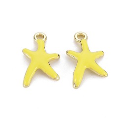 Желтый Стойки подвески обшивки сплава, с эмалью, без кадмия и без свинца, морская звезда, золотой свет, темно-розовыми, 17x11.5x3 мм, отверстие : 1.8 мм