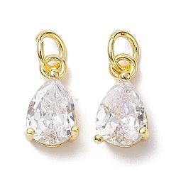Настоящее золото 18K Латунные микропаве прозрачные подвески с фианитом, с целью перехода в кольце, слезинки, реальный 18 k позолоченный, 11x6x5 мм, отверстие : 3.4 мм