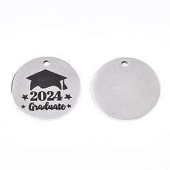 Нержавеющая Сталь Цвет Не тускнеющие 201 подвески из нержавеющей стали, плоский круглый со словом 2024 выпускник, цвет нержавеющей стали, 30x1.5 мм, отверстие : 2 мм