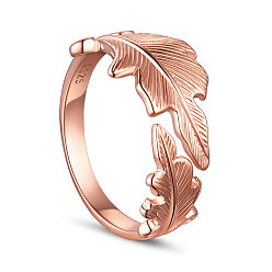 Rose Gold Adjustable 925 Sterling Silver Finger Ring, Leaves, Size 8, Rose Gold, 18mm