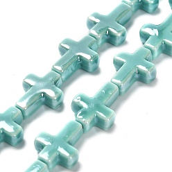 Бледно-бирюзовый Фарфоровые бусины ручной работы, яркие глазированный фарфор, крестик, бледные бирюзовая, 16~17x13~13.5x5.5 мм, отверстие : 1.4 мм, около 20 шт / нитка, 13.39 дюйм (34 см)