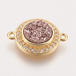 Розово-Коричневый Латунные микро проложить кубических ссылки циркония, с друзу смолой кабошон, плоско-круглые, золотые, розово-коричневый, 17x13x3~5 мм, отверстие : 1.2 мм