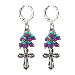 Cross Boucles d'oreilles dormeuses en alliage de style tibétain, boucles d’oreilles en grappe de graines de verre, croix, 45mm